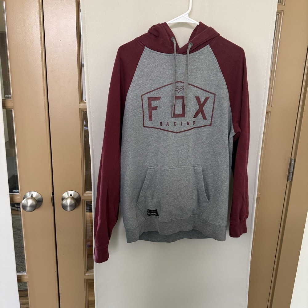 Fox Racing Men's Medium Grey Maroon Hoodie Sweatshirt Pullover Logo
